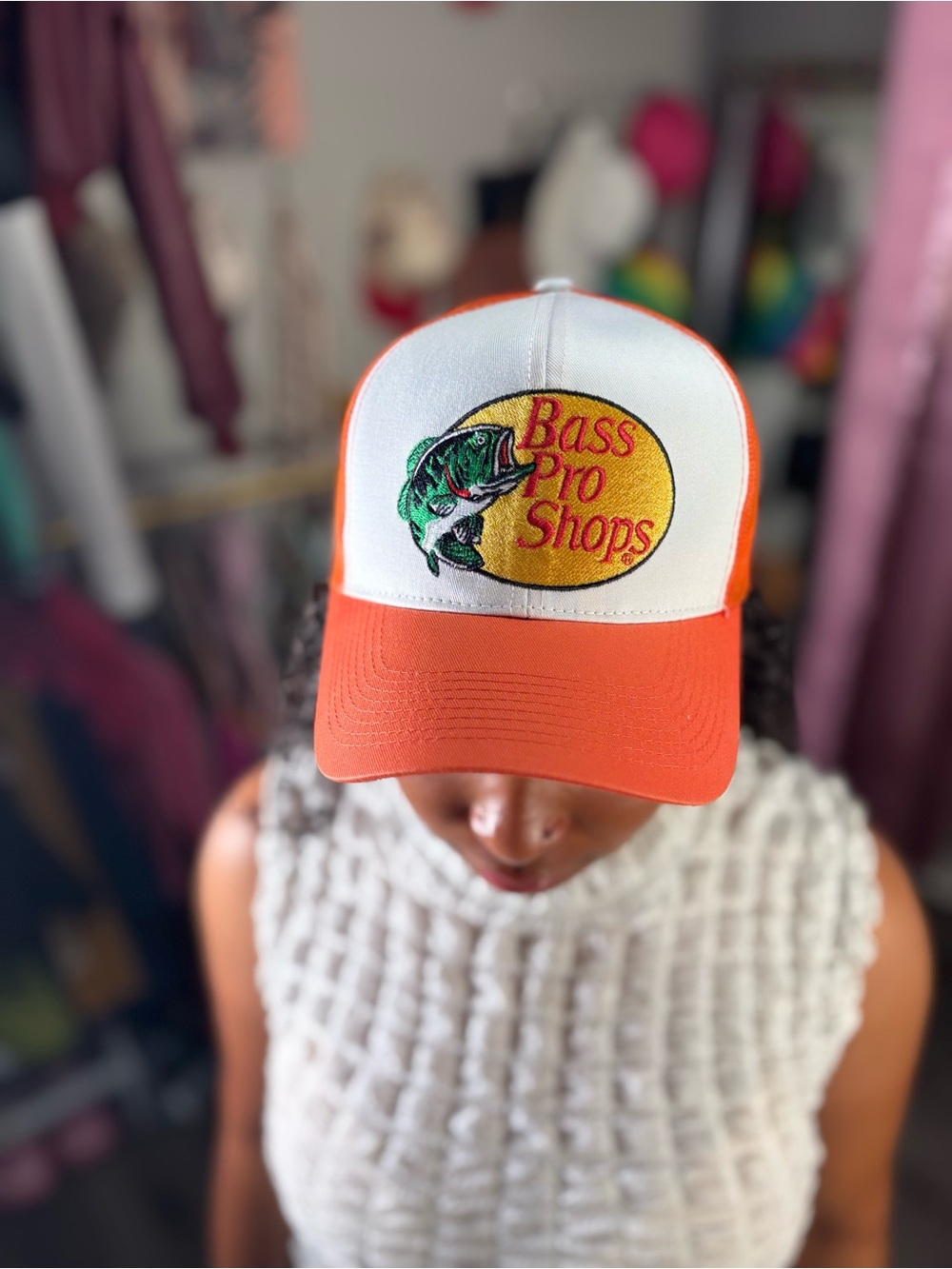 Bass Pro Shops White and Orange Embroidered Logo Trucker Cap